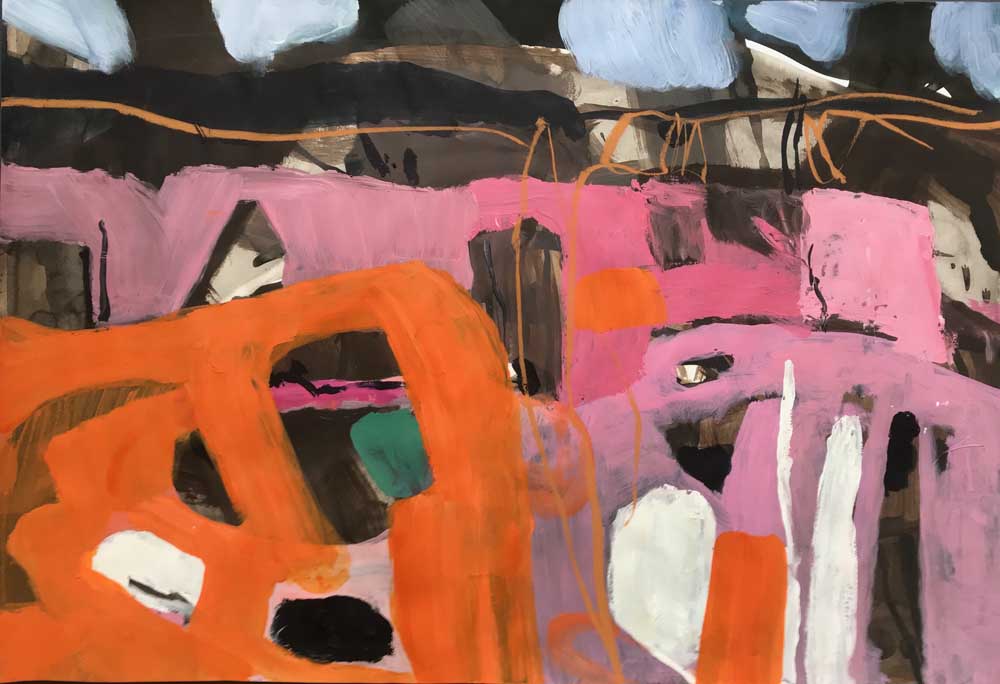 A World That Needs To Shine Acrylic On Paper 51 cm x 75 cm. Abstract painting depicting a lavish land in coral orange with brown and grey hues.