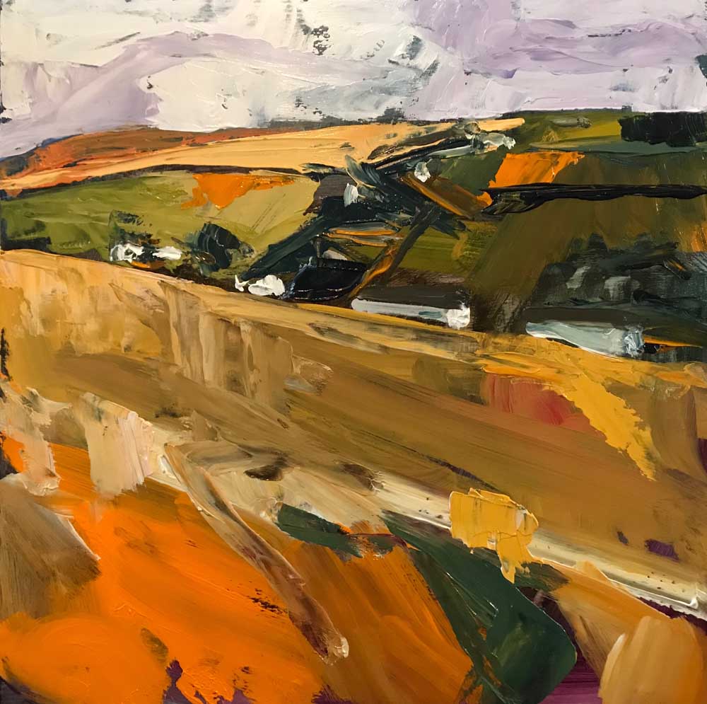 Abstract painting of an orange landscape with olive and dark green fields on hills in the distance