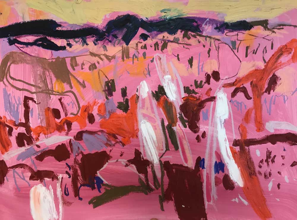 Abstract painting of a warm pink landscape with orange and burgundy highlights.