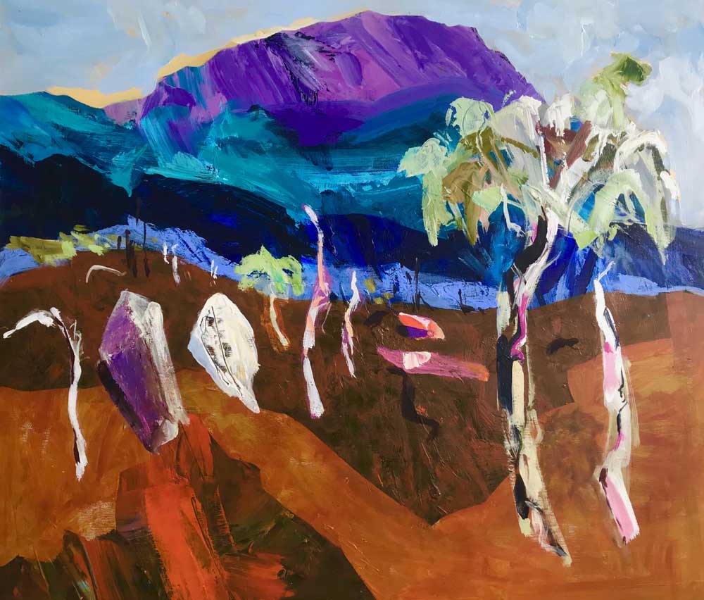 Abstract landscape painting of a brown valley with blue and purple mountains in the background.