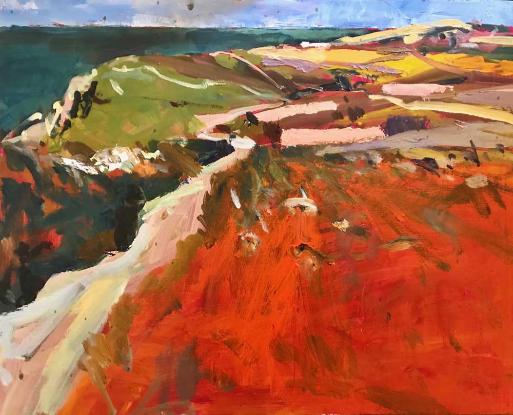Abstract painting of an open red landscape with green and yellow contrast. Over This Red Land Acrylic On Board 40 cm x 50 cm.