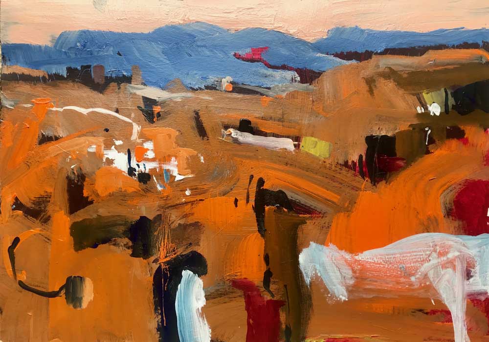 Abstract painting of a warm orange landscape with distant blue mountains and a pale pink sky. Pink Blue Distance Acrylic On Paper 30 cm x 42 cm.