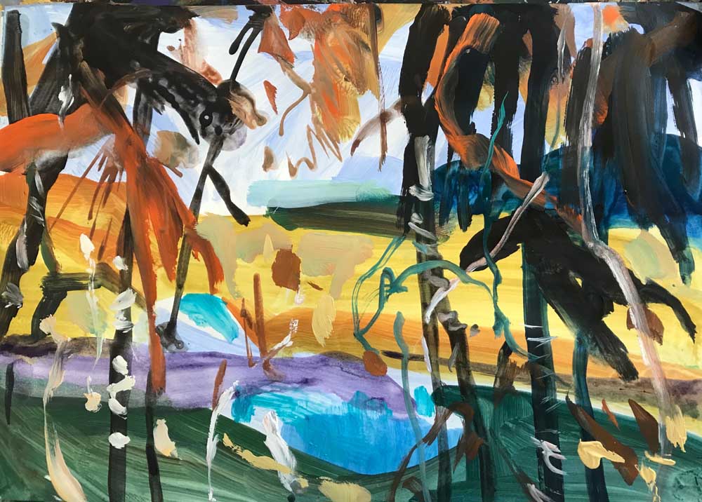 Abstract painting of a path through to a beach with bush foliage in the foreground. The Road To Ned's Beach Acrylic On Paper 30 cm x 42 cm.