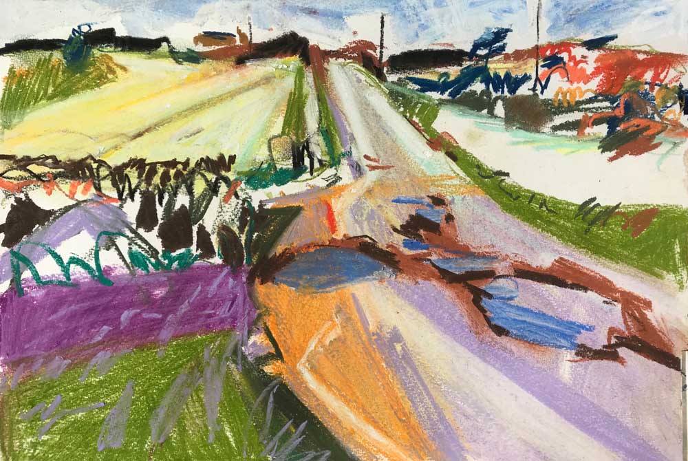 Pastel drawing of a road intersecting a rural landscape in green, purple and brown. The Road To The Farm Pastel On Paper 30 cm x 42 cm.