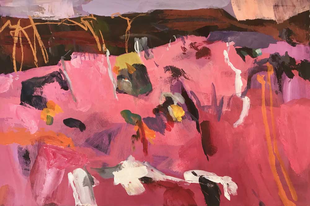 This Pleasant Evening Acrylic On Paper 30 cm x 42 cm. Abstract painting by Mike Staniford is a bright pink landscape painting