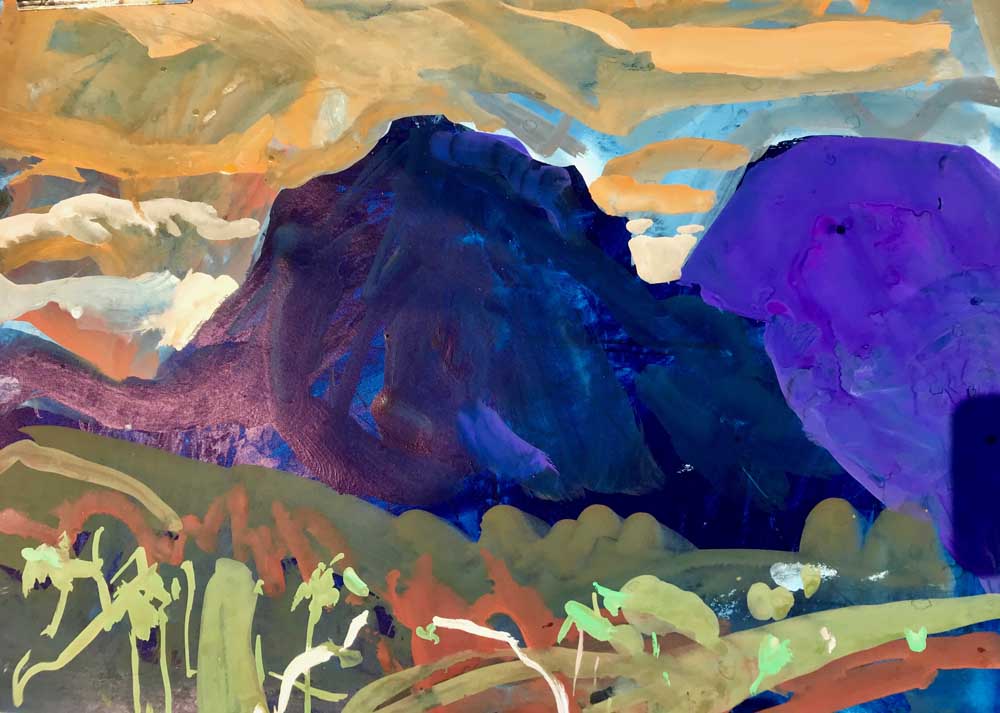 Two bright indigo and purple hills sit an online landscape with yellow skies above
