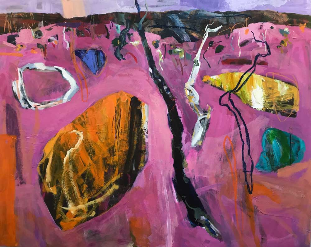 Abstract landscape painting in pink, brown, grey and yellow. With Pink Across The Land Acrylic On Board 122 cm x 76 cm.