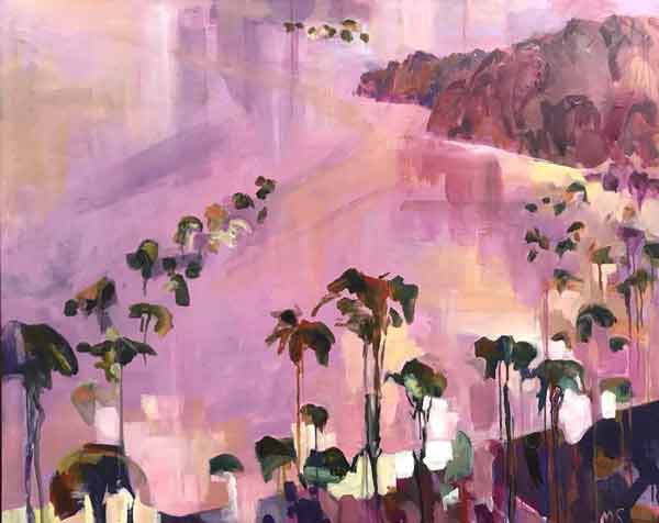 mike-staniford-exhibition-2022 Abstract painting with palm trees and a distant landmass, featuring shades of pink, purple, and green. Created by an Australian artist, the scene suggests a tropical landscape with loose, impressionistic brushstrokes and soft, blended colours.