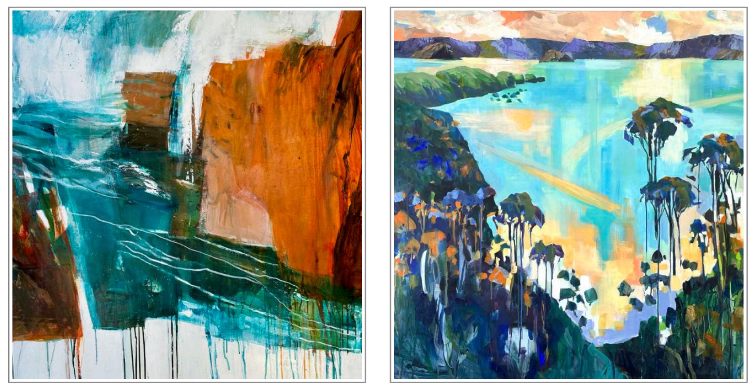 encounter-debbie_mike Two abstract paintings by an Australian artist: the left features bold orange, teal, and white vertical shapes with dripping paint; the right shows a vibrant landscape with trees, water, and reflections in greens, blues, and yellows.
