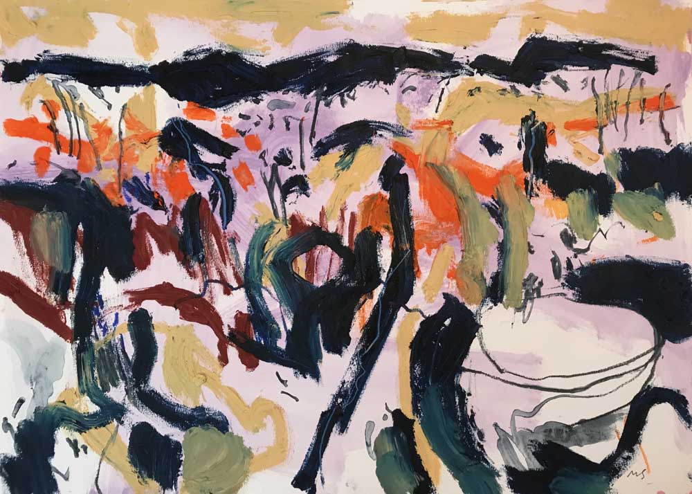 Abstract acrylic painting of a lilac, orange and sand landscape with oil stick dark green