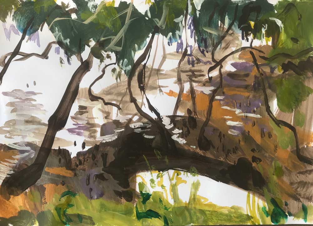 Landscape painting of olive coloured trees overhanging silver water and a boat