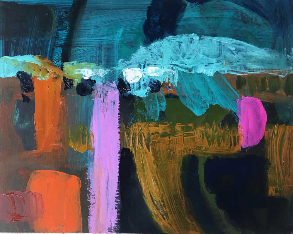 Abstract painting by Mike Staniford in shades of green and blue with white and orange