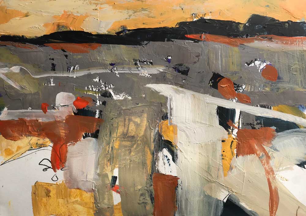 Dawning Of The Day landscape painting of sunrise with a yellow orange sky over a grey and orange landscape