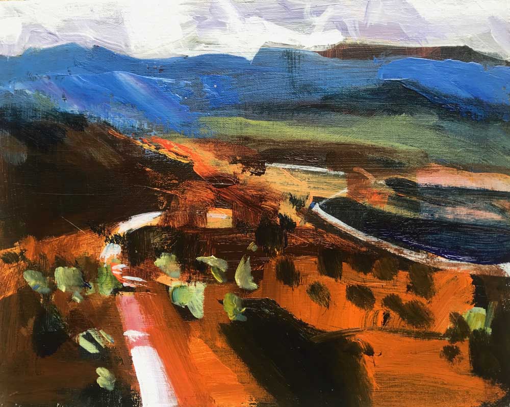 Abstract landscape painting by Mike Staniford in orange, blue and green