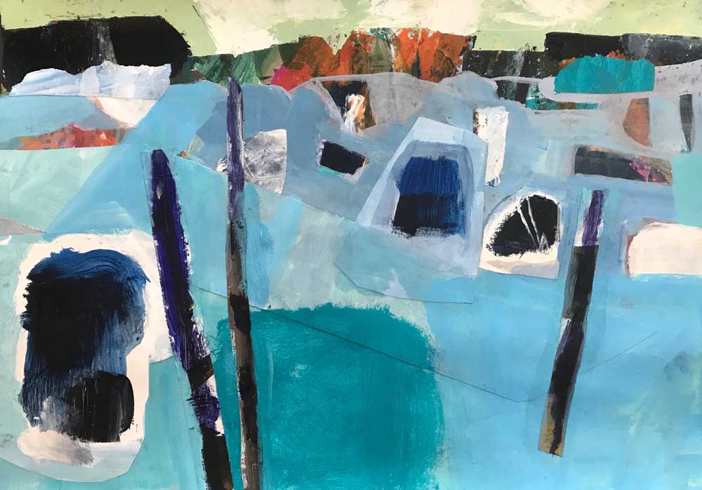 Abstract landscape painting of a headland in shades of blue under a pale green sky.