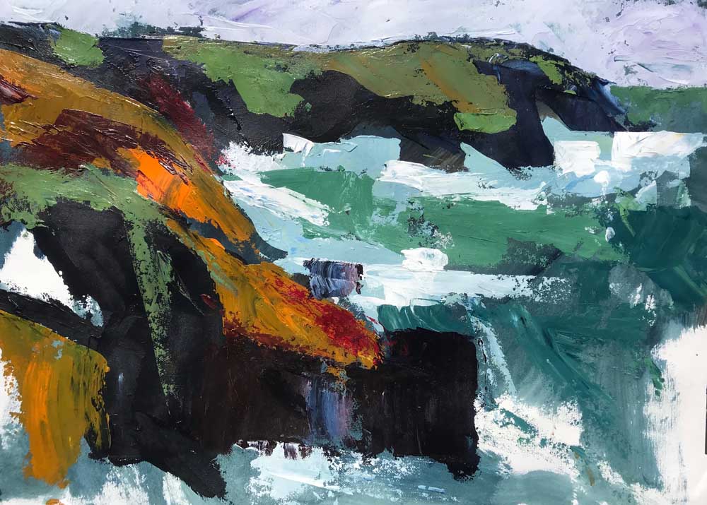 Abstract painting of a harbour in shades of blue and green with orange, red and white contrasts.