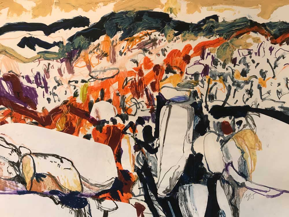 Acrylic, Oil Stick And Collage On Paper 57 cm x 76 cm. Abstract landscape painting of a headland in shades of blue under a pale yellow sky