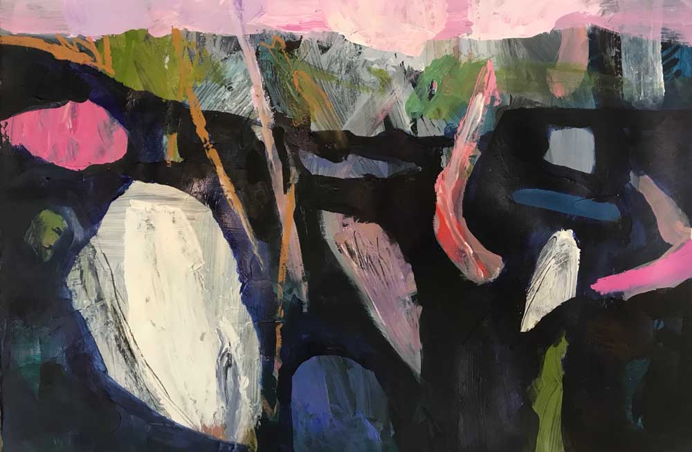 Abstract painting of a burnt orange landscape with bare trees, green mountains in the distance.