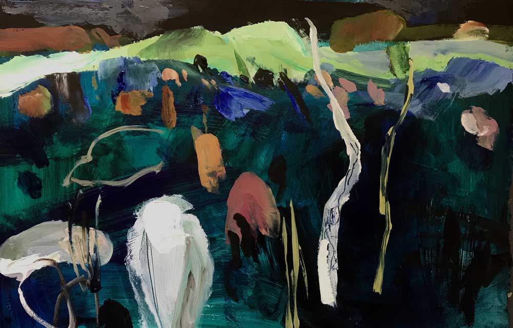 Abstract landscape painting in shades of dark purple grey with silver, pink and green highlights