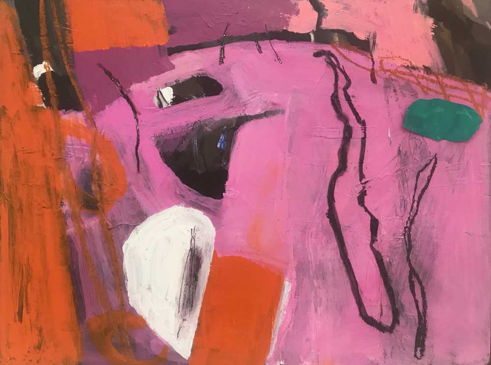 Abstract painting of a dark pink landscape with bright orange contrasts