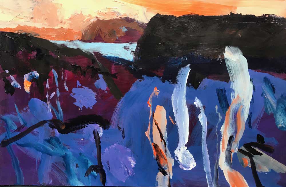 Abstract painting by Mike Staniford in shades of blue with black mountains and ocean in the distance