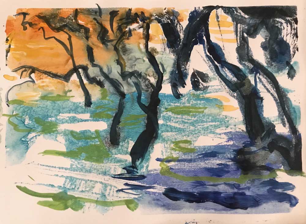 Painting by Mike Staniford of grey black Mangroves surrounded by shimmering water under an orange evening.