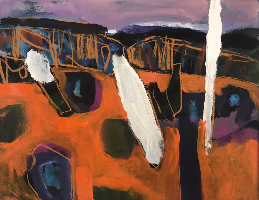 Painting by Mike Staniford of grey black hills surrounded by bright orange bushland