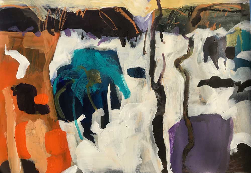 Abstract painting of a mist covered landscape in shades of orange, teal and purple.