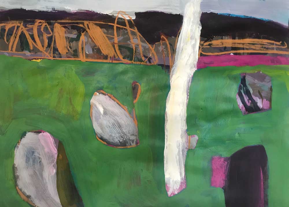 Painting by Mike Staniford of dramatic monolithic mountain in purples, green and orange