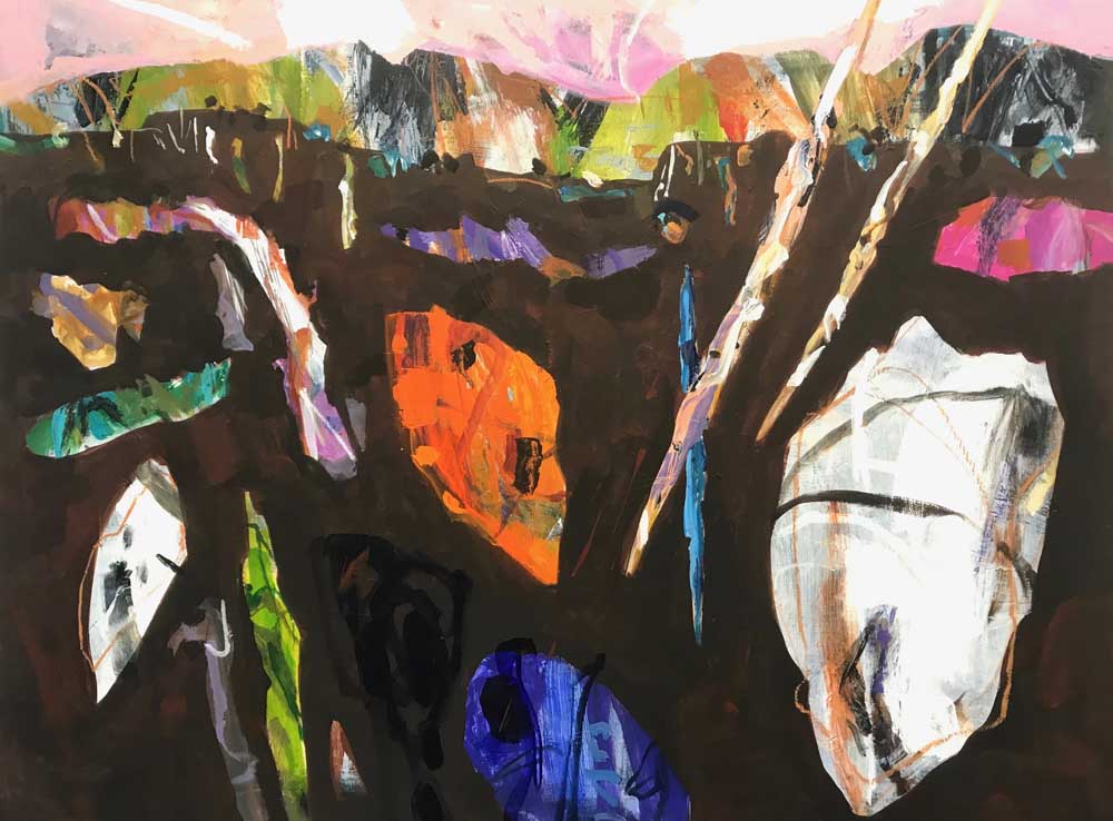 Serene abstract painting of rich green landscape with white, deep cerise pink and tan accents.