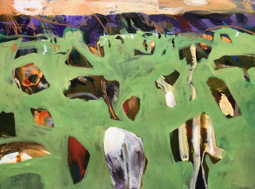 Windy Moorland Pastel On Paper 30 cm x 42 cm. Acrylic painting of imposing twin mountains in shades of blue and purple.