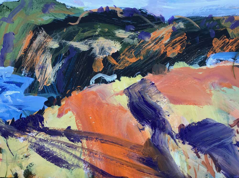 Abstract painting of a harbour as night falls in purple and blue with pink and yellow.