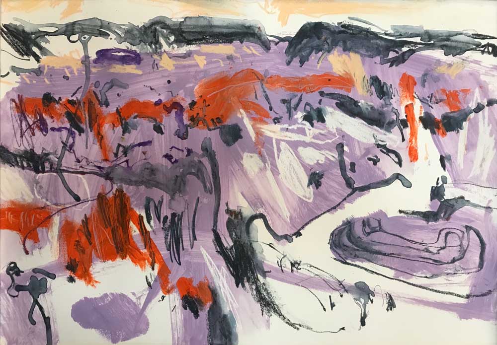 Abstract landscape painting by Mike Staniford with shades of purple with orange and brown background.