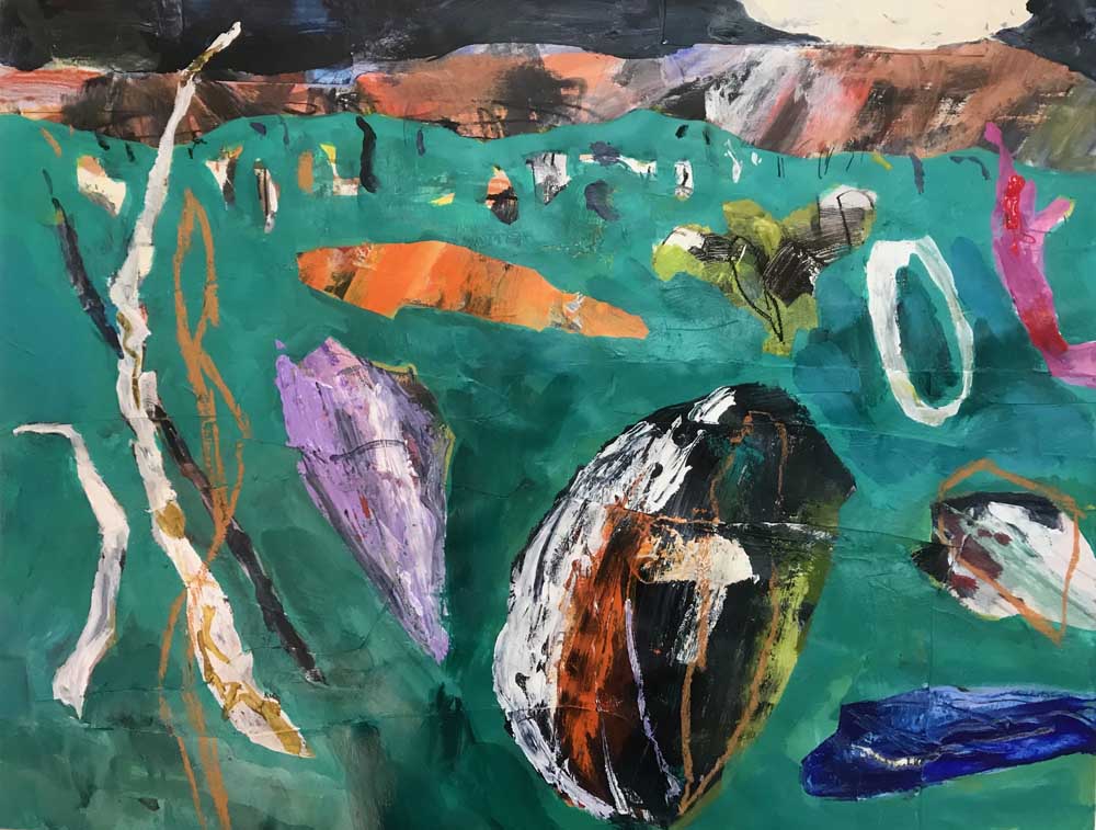 Remember The Journey Acrylic On Paper 59 cm x 75 cm. Abstract landscape painting by Mike Staniford with shades of purple with orange and brown background.