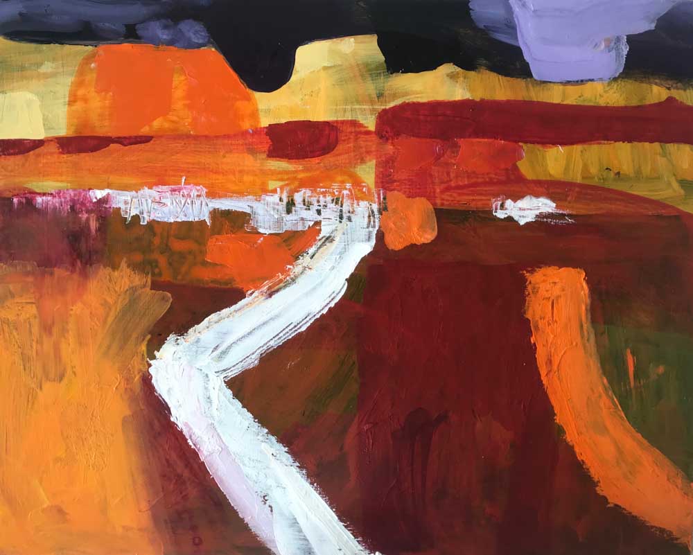 Abstract landscape painting by Mike Staniford of Ross River and surrounds in orange and burgundy under. Ross River Evening
