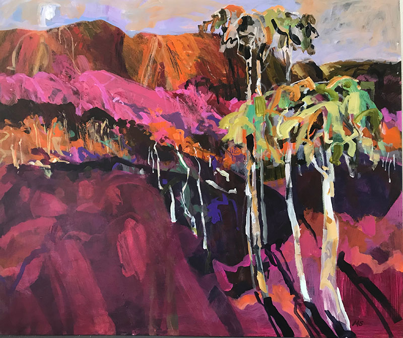 Shadow Play Acrylic On Board 100 cm x 122 cm. Abstract landscape painting in blue, grey and yellow.