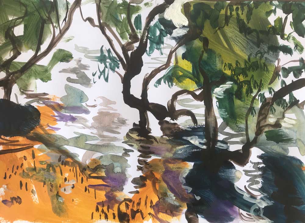 Silver Tide Acrylic On Paper 30 cm x 42 cm. Abstract painting in mustard yellow with shades of orange, black, white and orange.