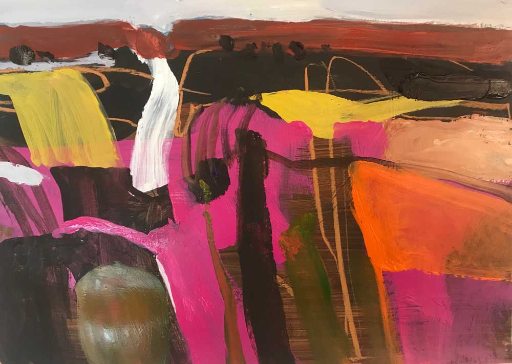 Abstract painting by Mike Staniford in vivid cerise pink, with shades of brown and orange. The Brightness Of My Day