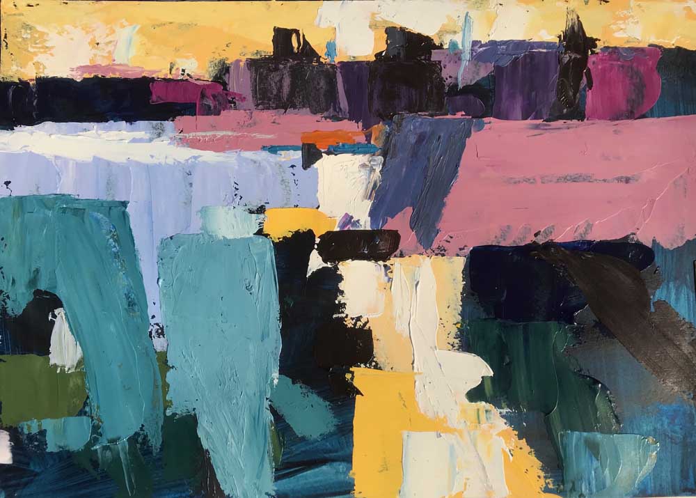 Abstract painting of a harbour in evening light in shades of blue, pink and yellow. The Harbour At Dusk Acrylic On Paper 30 cm x 42 cm.