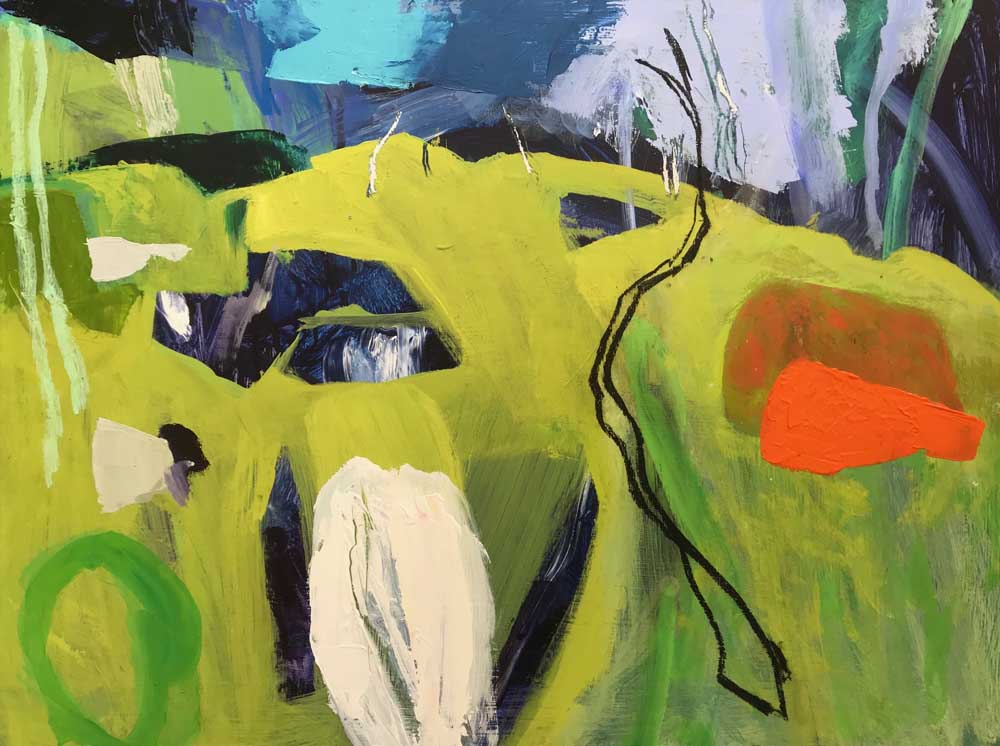 Abstract landscape painting by Mike Staniford in bright lime green and orange hues with white and lilac.
