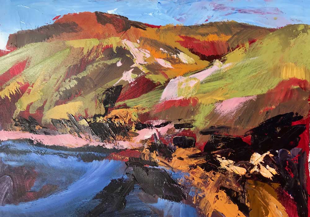 Abstract painting of a hillside bathed in morning light in shades of green, pink,. This New Morning Acrylic On Paper 30 cm x 42 cm.