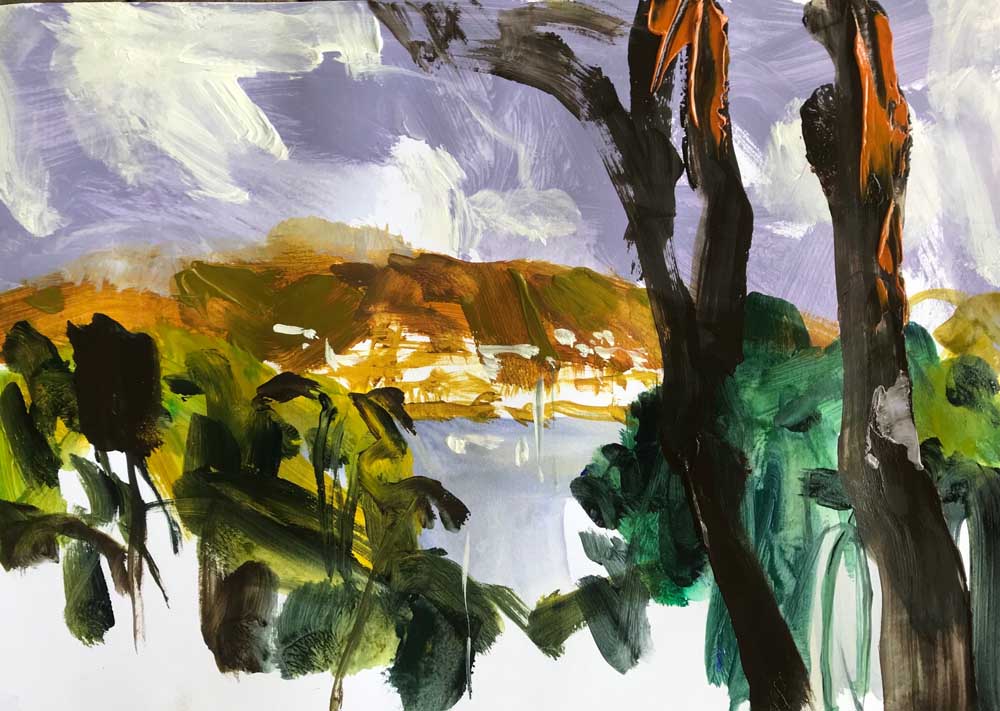 Landscape painting by Mike Staniford with a view through green trees to a bay surrounded by golden yellow hills