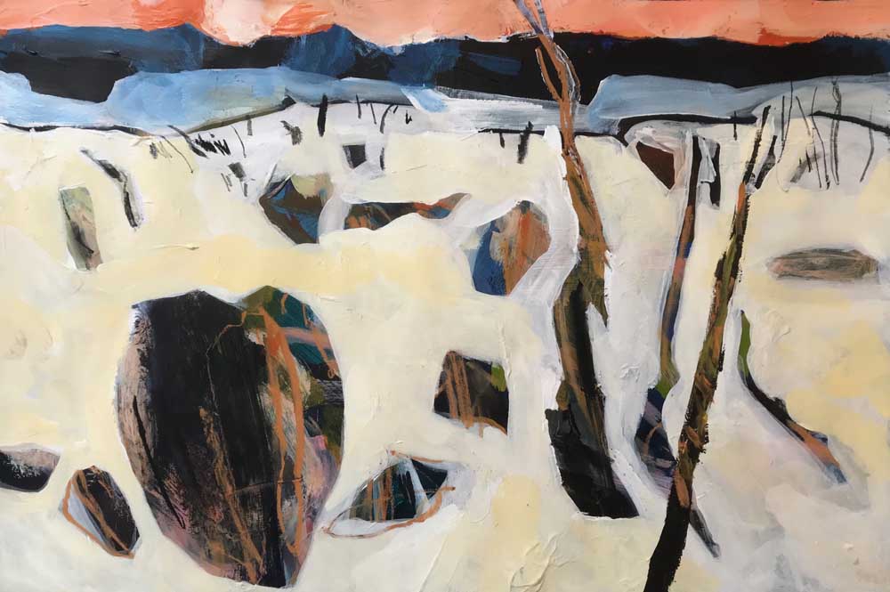 Landscape painting by Mike Staniford with a view through bare trees over white earth to the hills beyond