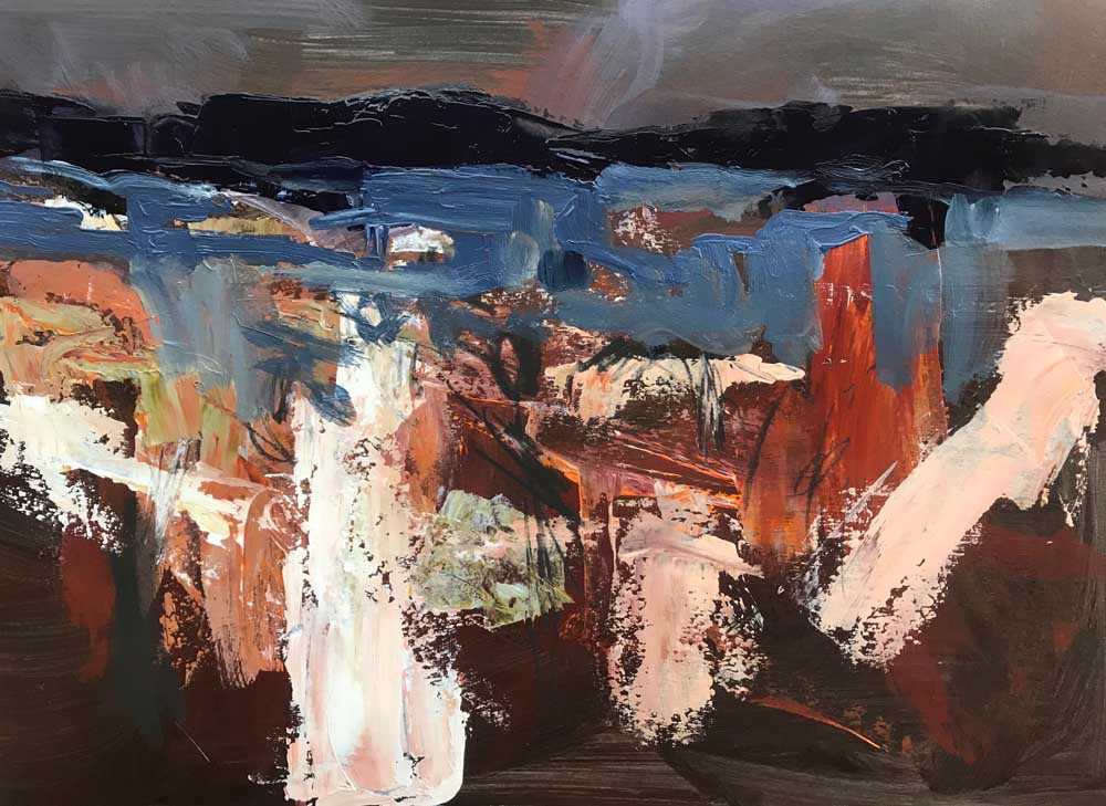 Time To Dream Acrylic On Paper 30 cm x 42 cm. Abstract painting of a hillside bathed in morning light in shades of blue and pink