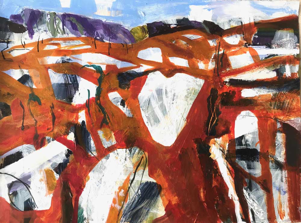 Abstract painting of a wild orange, white and grey landscape with dark purple mountains in.