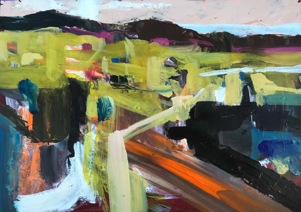 To The Horizon In The North Acrylic On Paper 30 cm x 42 cm. Abstract painting of a dramatic landscape in bright lime green, orange, cream and black with pink hightlights