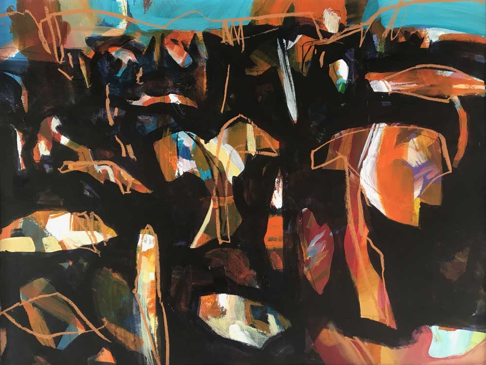 Underneath The Sky Of Blue Acrylic And Chalk Pastel On Paper 57 cm x 76 cm. Abstract painting of a wild orange, white and black landscape with teal sky above