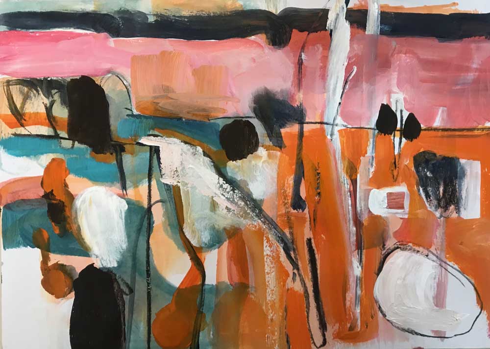 Abstract painting of the shore in orange, pink, white and sea green.