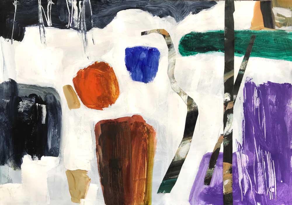 Abstract Mike Staniford painting depicting moon like hues of white, grey, brown and purple.