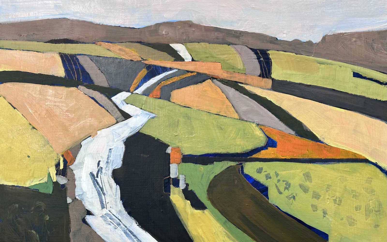 Abstract landscape painting featuring geometric fields in green, yellow, brown, and orange tones, with a white winding river cutting through the centre and low hills in the background under a grey sky. For enquiries or more information about this artwork, please contact Mike Staniford.